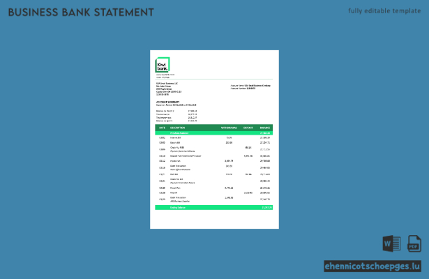 Kiwibank-Geschäftskontoauszug (Word- und PDF-Format) – 1 Beispielvorschau